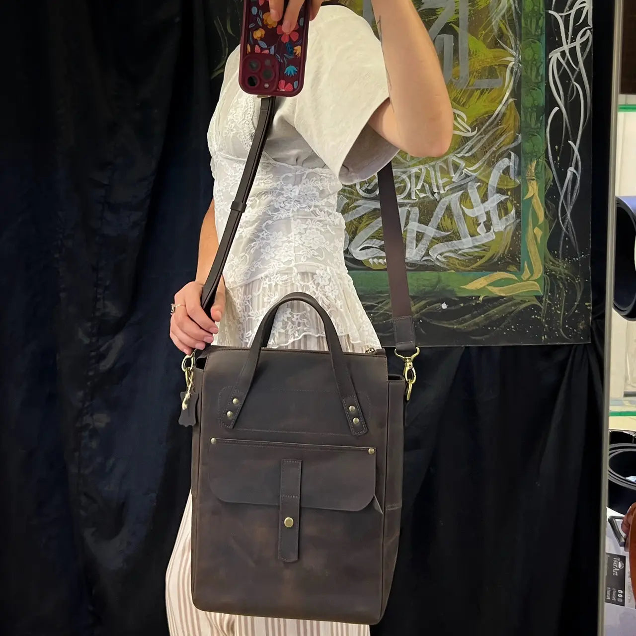 Dark Brown Crazy Horse Leather Vertical Messenger Bag