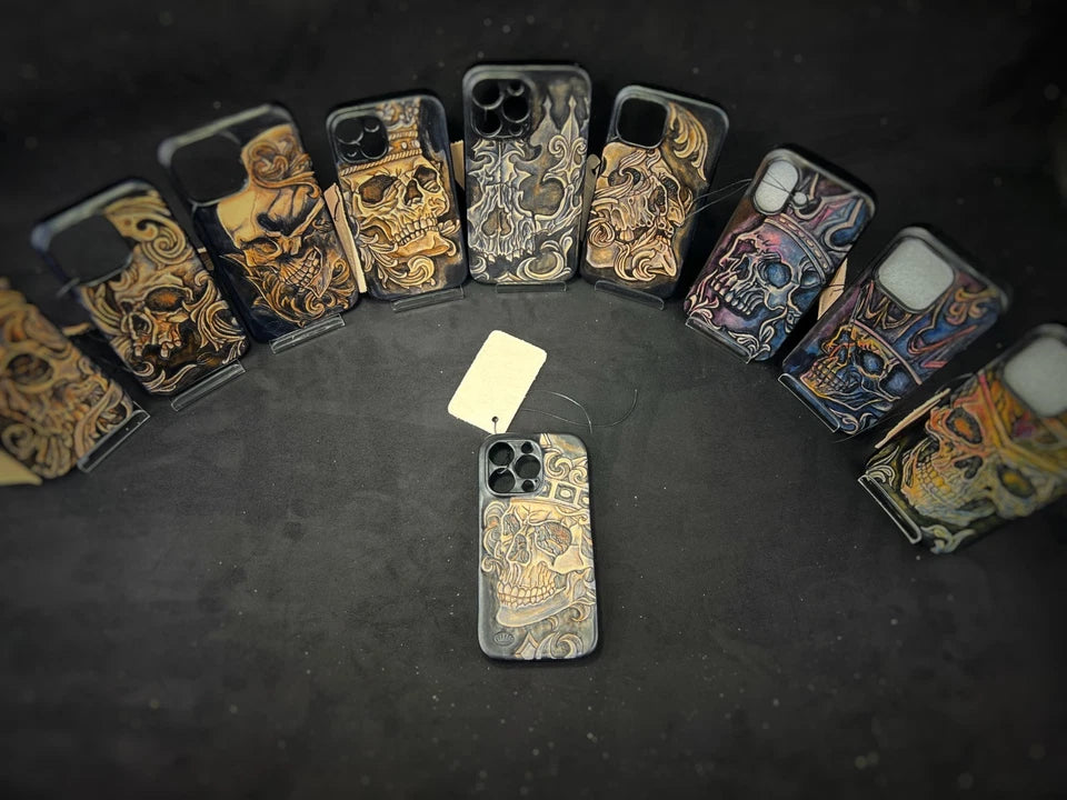 Hand-Carved Leather iPhone 14 Pro Case: Embossed Skull Art