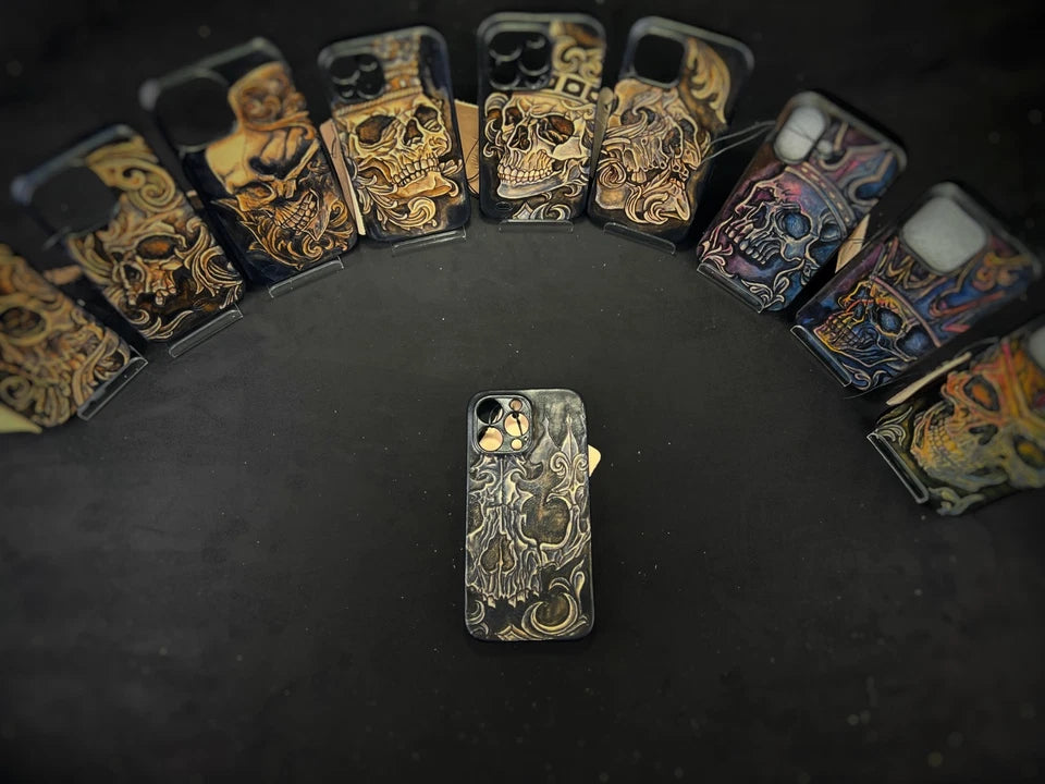 Hand-Carved Leather iPhone 14 Pro Max Case: Embossed Skull, Alcantara Interior