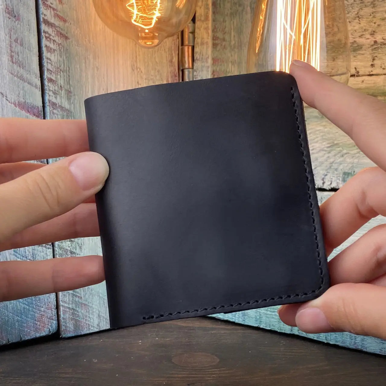 Compact Black Leather Bifold Wallet "Mini-Cube" with Coin Pocket - Crazy Horse Leather