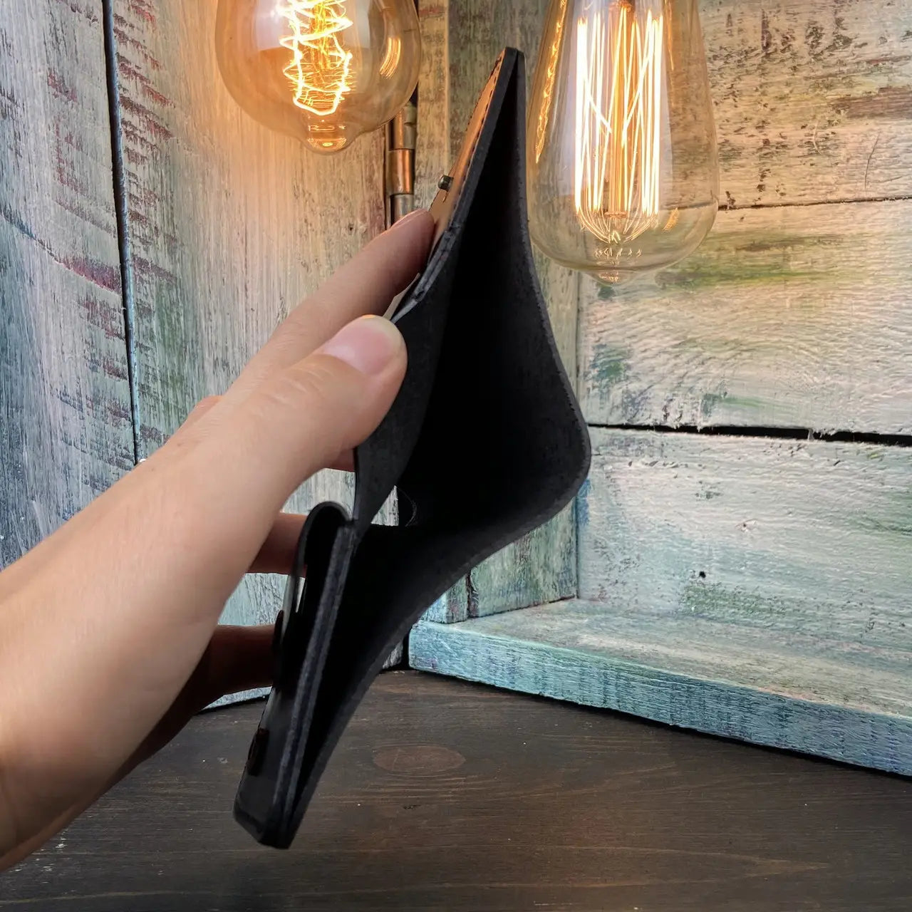 Compact Black Leather Bifold Wallet "Mini-Cube" with Coin Pocket - Crazy Horse Leather