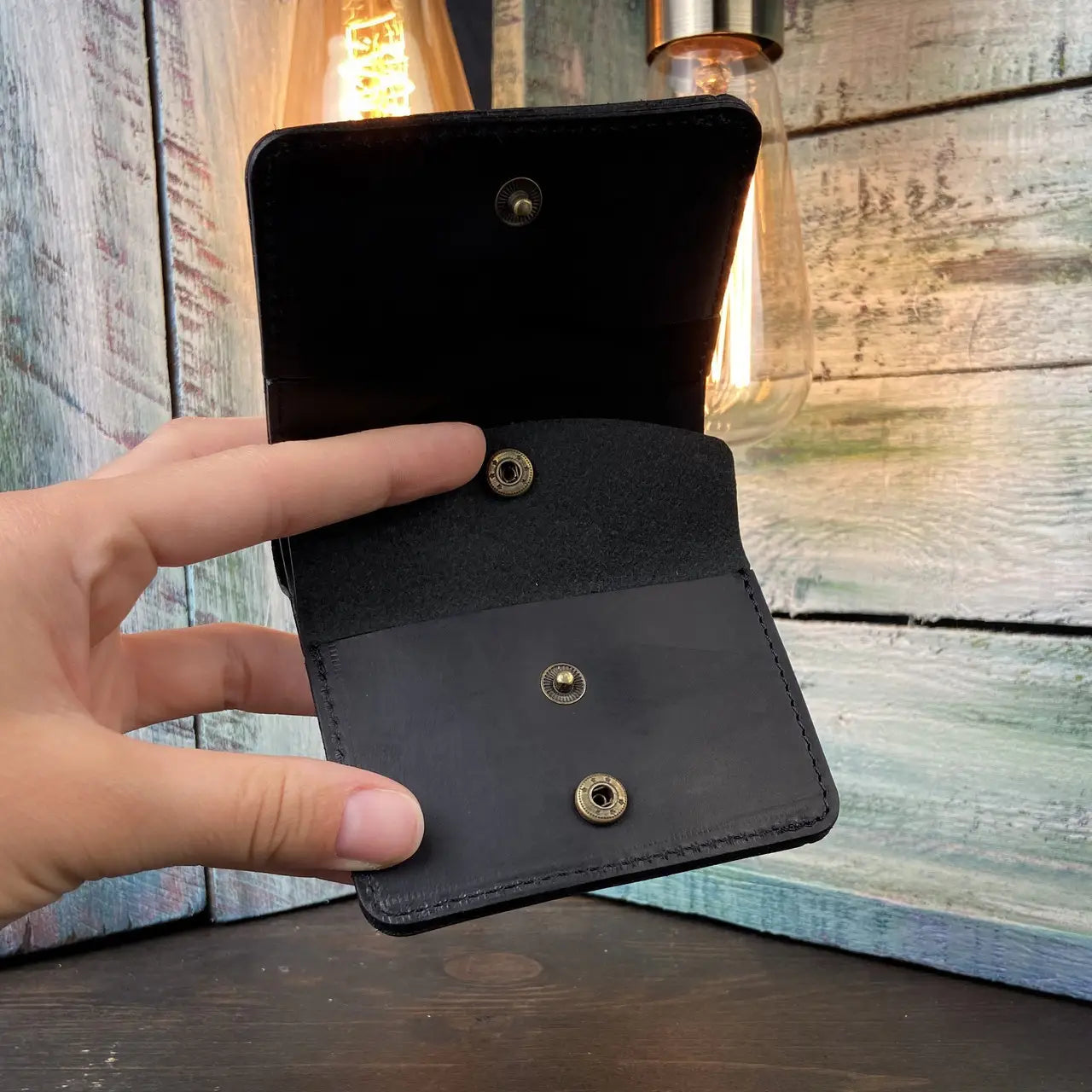 Compact Black Leather Bifold Wallet "Mini-Cube" with Coin Pocket - Crazy Horse Leather