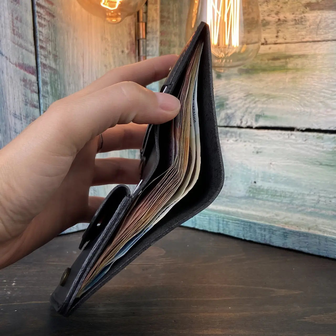 Compact Black Leather Bifold Wallet "Mini-Cube" with Coin Pocket - Crazy Horse Leather