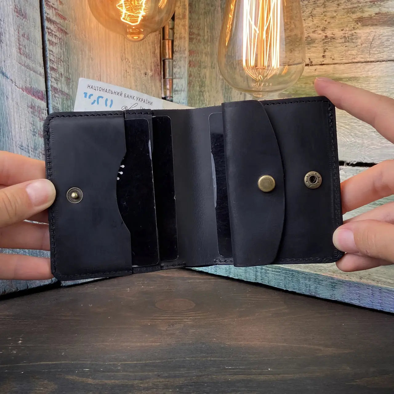 Compact Black Leather Bifold Wallet "Mini-Cube" with Coin Pocket - Crazy Horse Leather