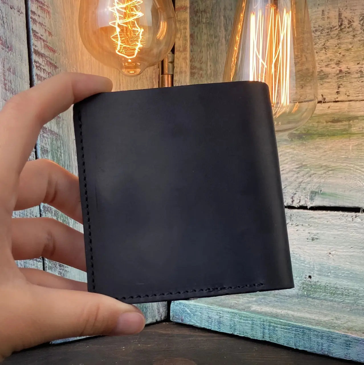 Compact Black Leather Bifold Wallet "Mini-Cube" with Coin Pocket - Crazy Horse Leather