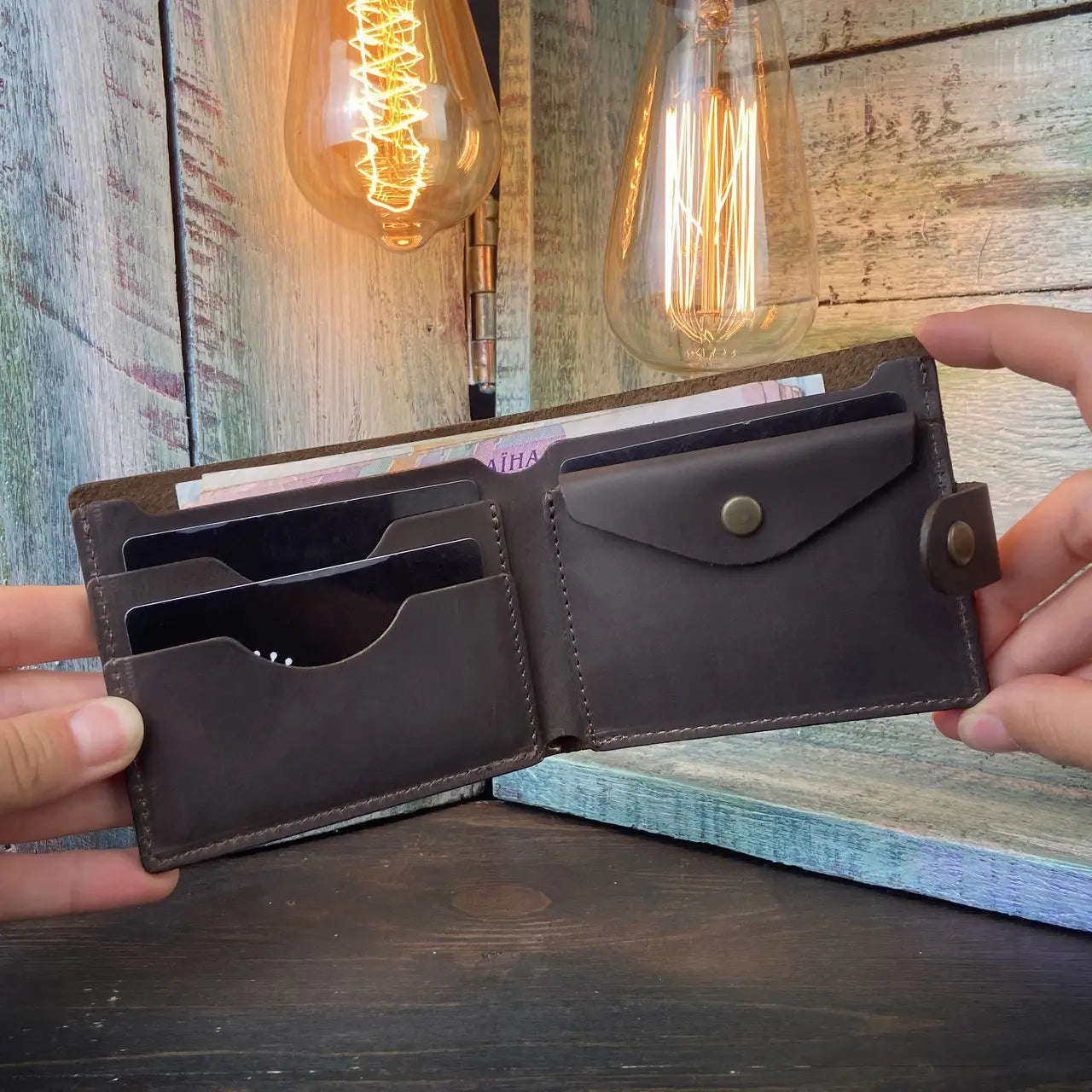 Leather Brown Bifold Wallet with Coin Pocket and Snap - Crazy Horse Leather (Copy)