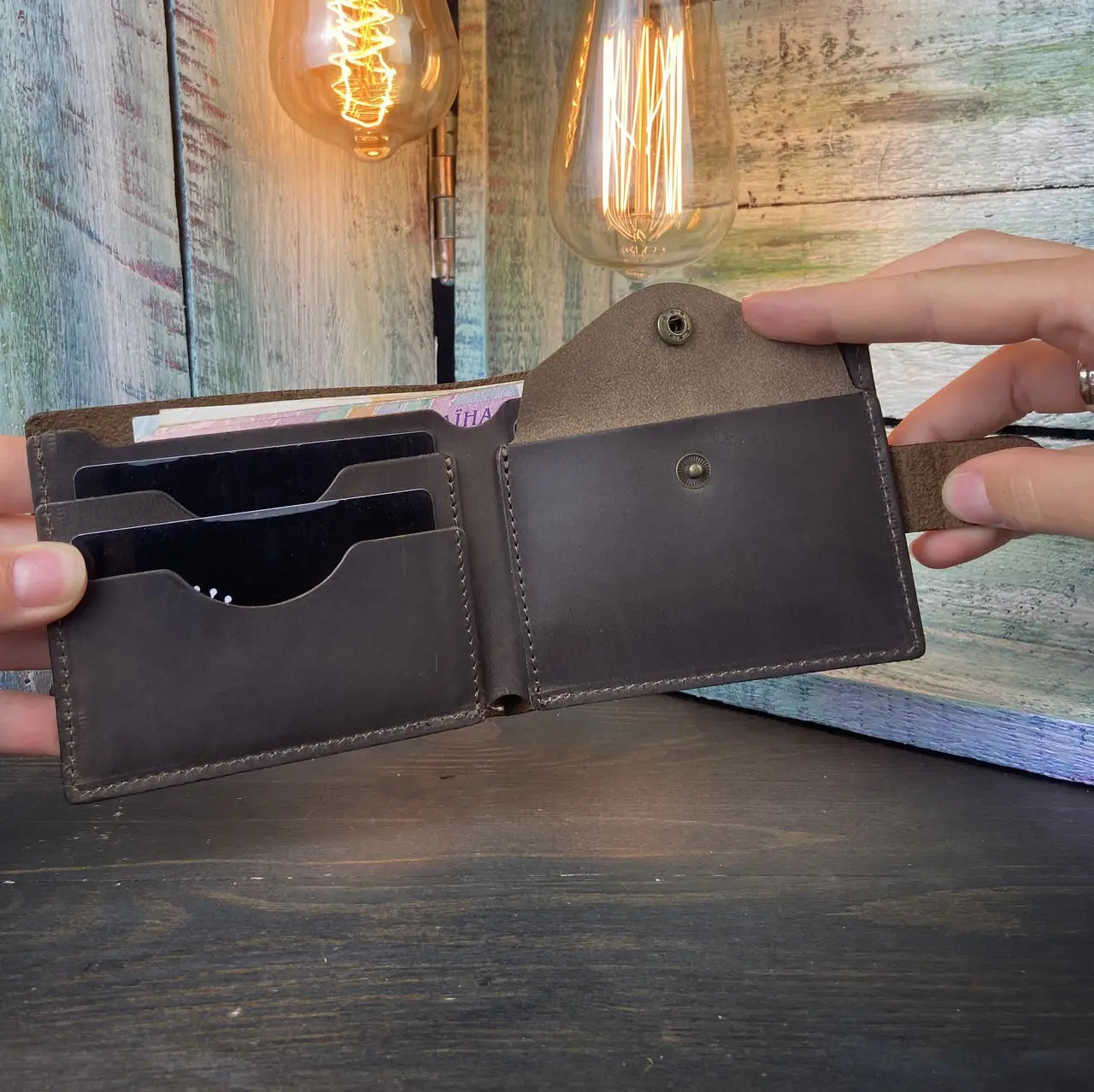 Leather Brown Bifold Wallet with Coin Pocket and Snap - Crazy Horse Leather (Copy)