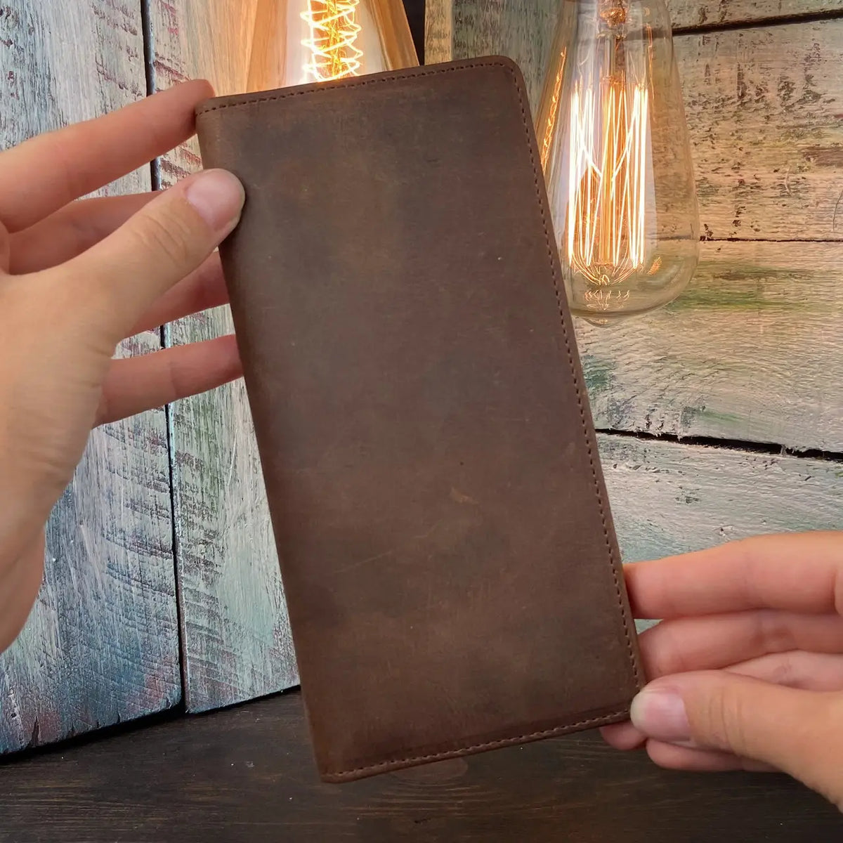 Brown Crazy Horse Leather Long Wallet – Slim Bifold for Full-Length Cash & Cards
