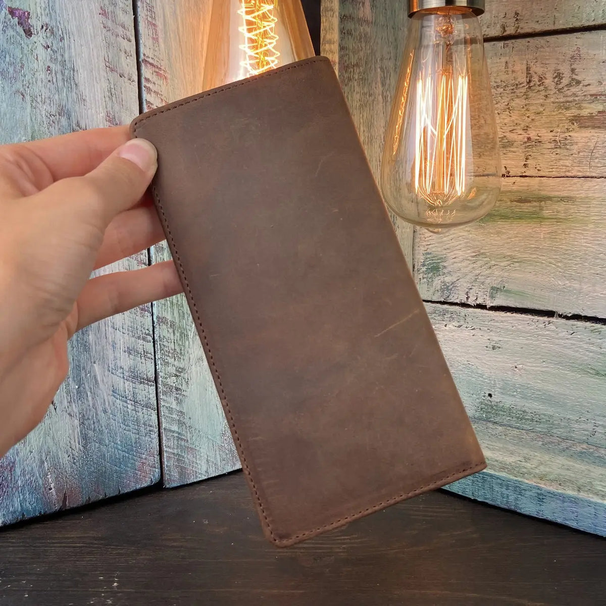 Brown Crazy Horse Leather Long Wallet – Slim Bifold for Full-Length Cash & Cards