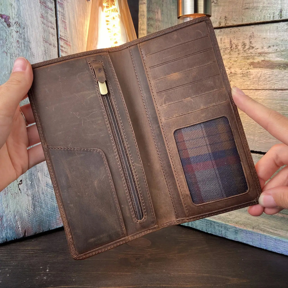 Brown Crazy Horse Leather Long Wallet – Slim Bifold for Full-Length Cash & Cards