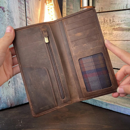 Brown Crazy Horse Leather Long Wallet – Slim Bifold for Full-Length Cash & Cards