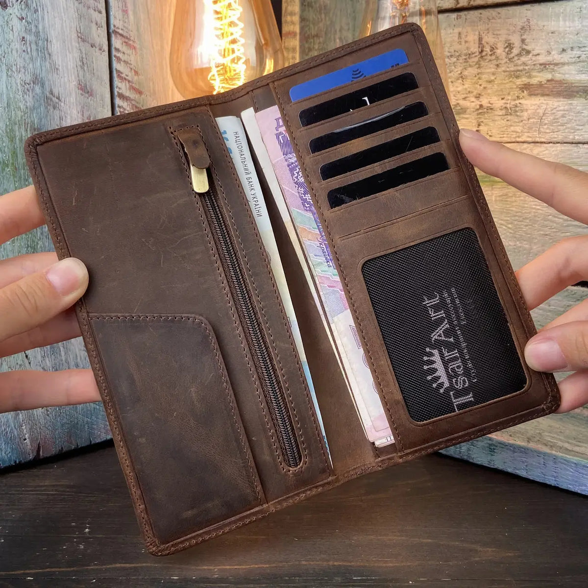Brown Crazy Horse Leather Long Wallet – Slim Bifold for Full-Length Cash & Cards