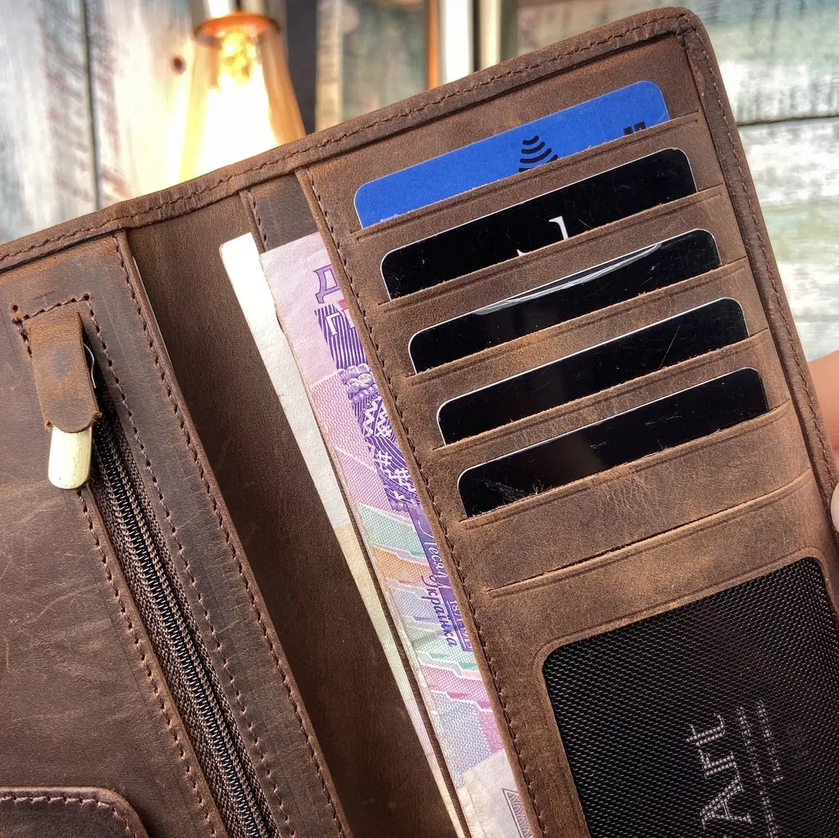 Brown Crazy Horse Leather Long Wallet – Slim Bifold for Full-Length Cash & Cards