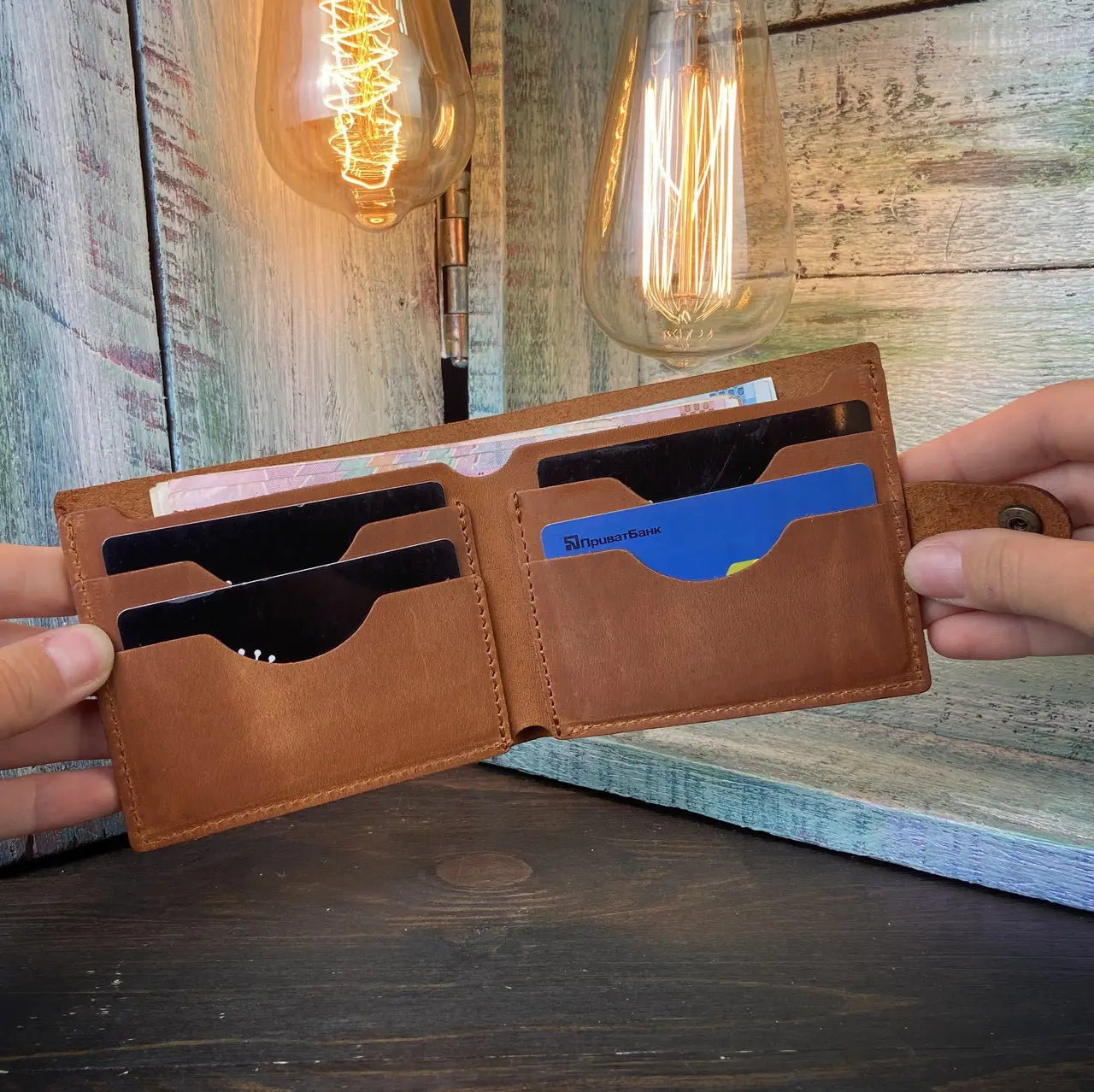 Classic Bronse Leather Bifold Wallet with Snap Closure - Crazy Horse Leather - Everyday Carry (Copy) (Copy)