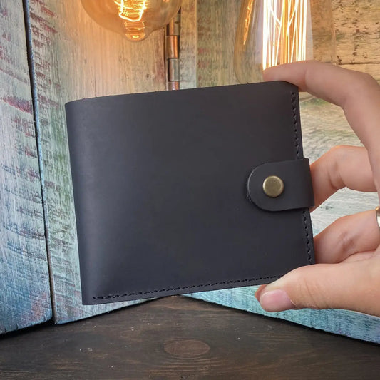 Classic Black Leather Bifold Wallet with Snap Closure - Crazy Horse Leather - Everyday Carry