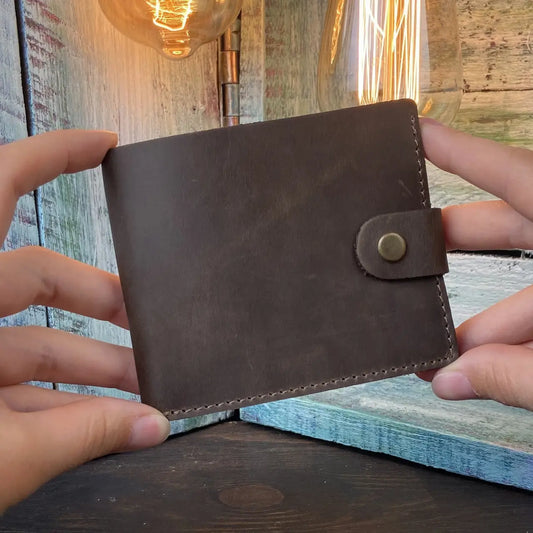 Classic Brown Leather Bifold Wallet with Snap Closure - Crazy Horse Leather - Everyday Carry (Copy)