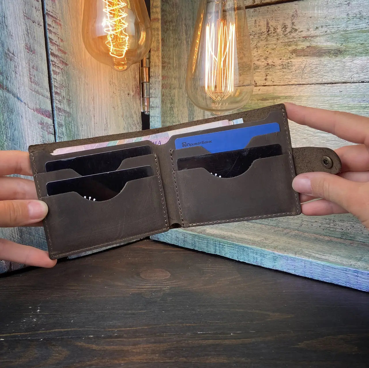Classic Brown Leather Bifold Wallet with Snap Closure - Crazy Horse Leather - Everyday Carry (Copy)