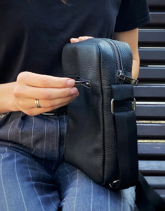 Black Flotar Leather Minimalist Vertical Crossbody Bag