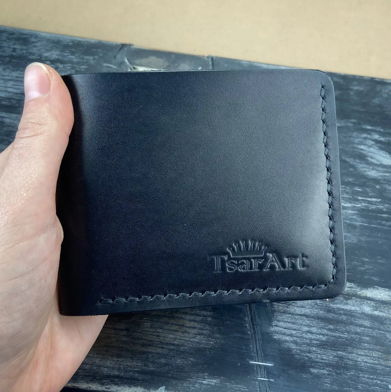 Classic Leather Black Bifold Wallet Hand Stitched - Minimalist Front Pocket Men's Wallet - Tsar Art (Copy)