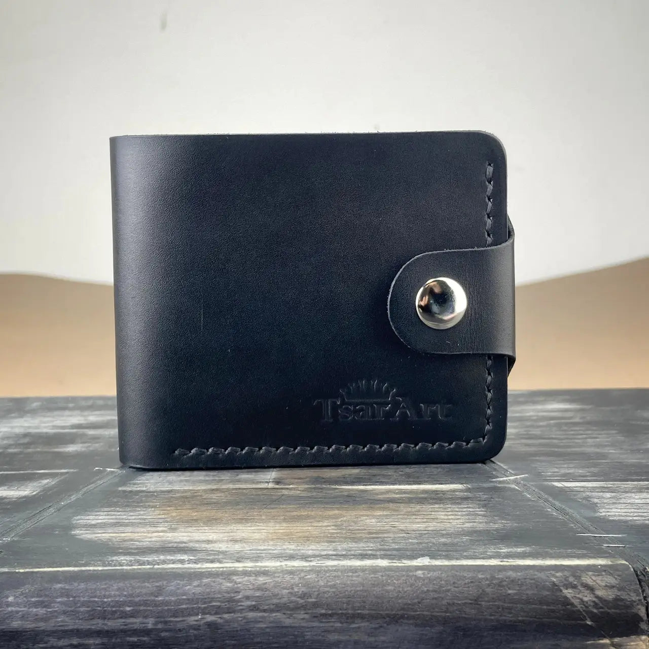 Classic Black Leather Bifold Wallet with Coin Pocket and Snap Closure - Hand Stitched - Tsar Art (Copy)