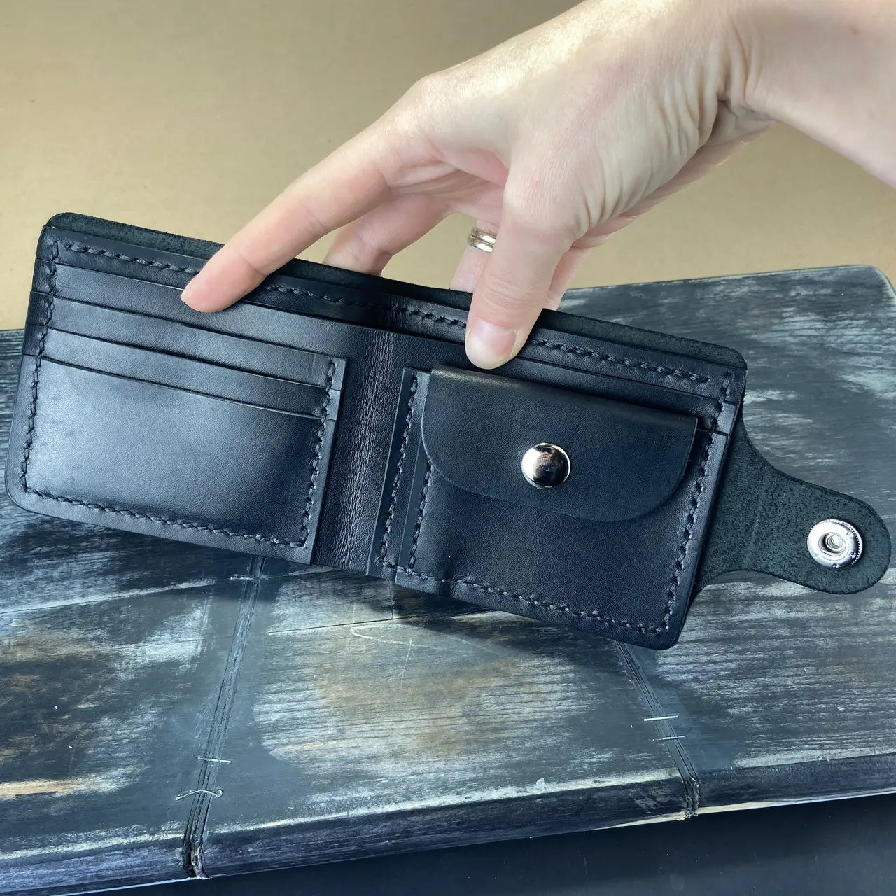 Classic Black Leather Bifold Wallet with Coin Pocket and Snap Closure - Hand Stitched - Tsar Art (Copy)