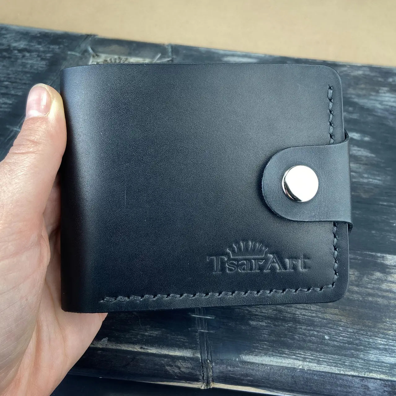 Classic Black Leather Bifold Wallet with Coin Pocket and Snap Closure - Hand Stitched - Tsar Art (Copy)