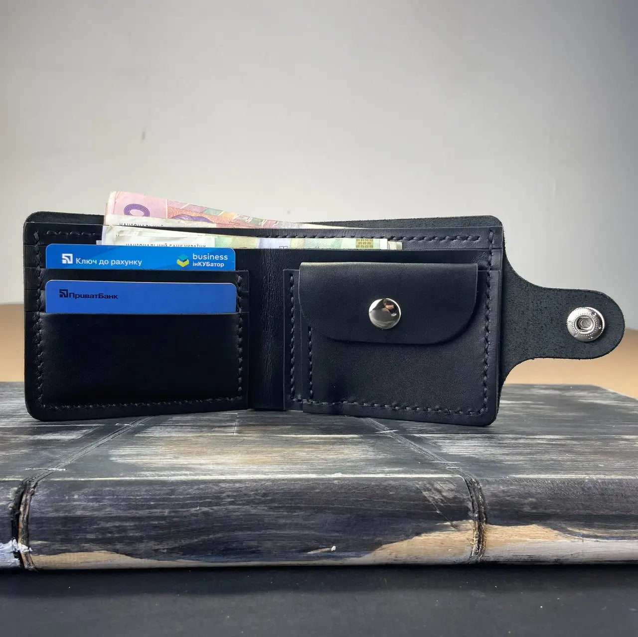 Classic Leather Bifold Wallet with Coin Pocket and Snap Closure - Hand Stitched - Tsar Art