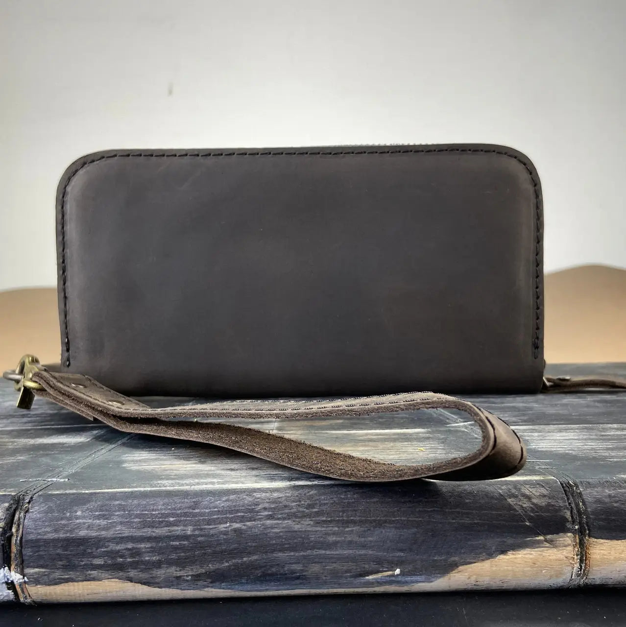 Full-Zip Leather Clutch Wallet with Wrist Strap - Crazy Horse Leather