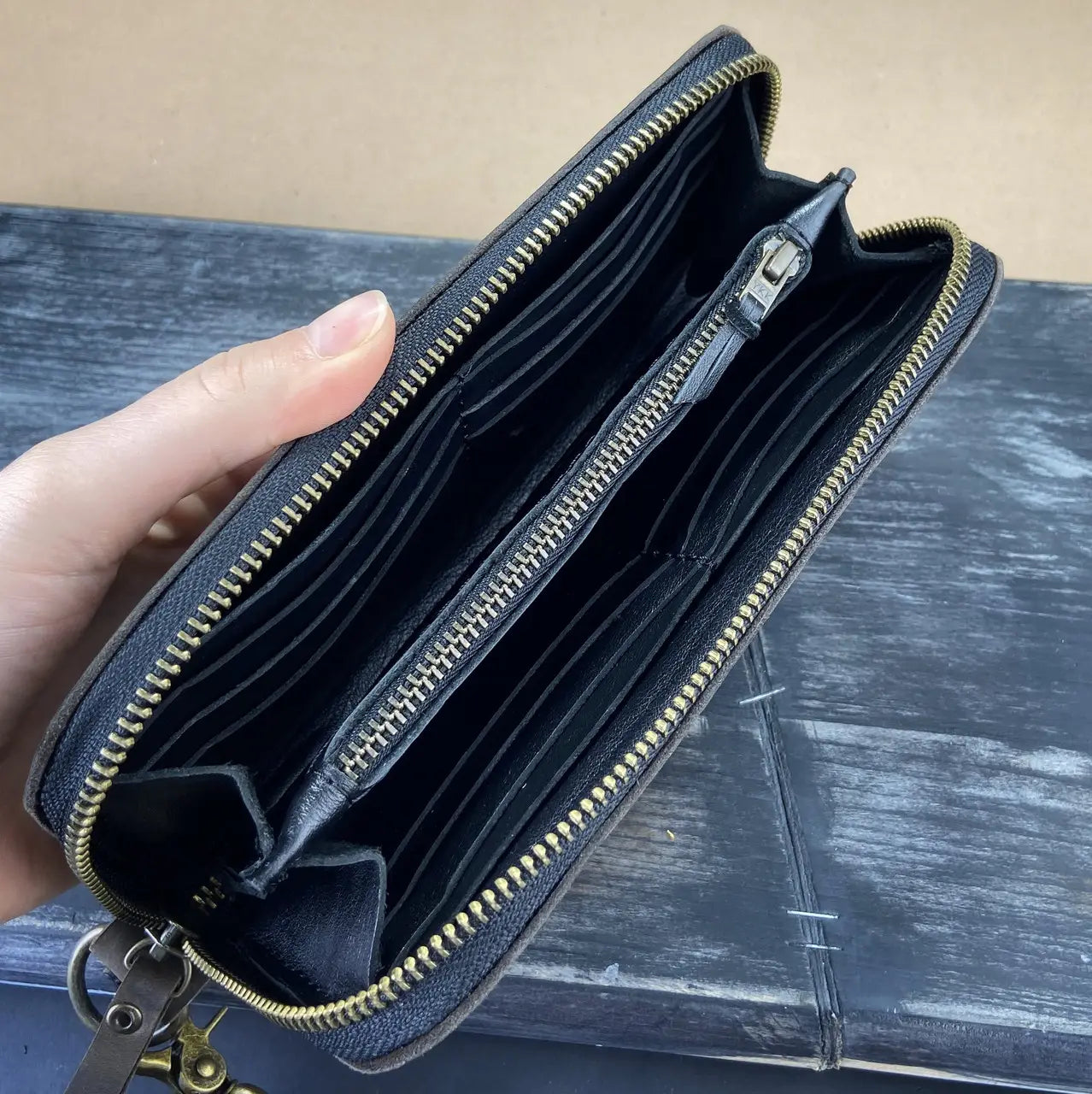 Full-Zip Leather Clutch Wallet with Wrist Strap - Crazy Horse Leather