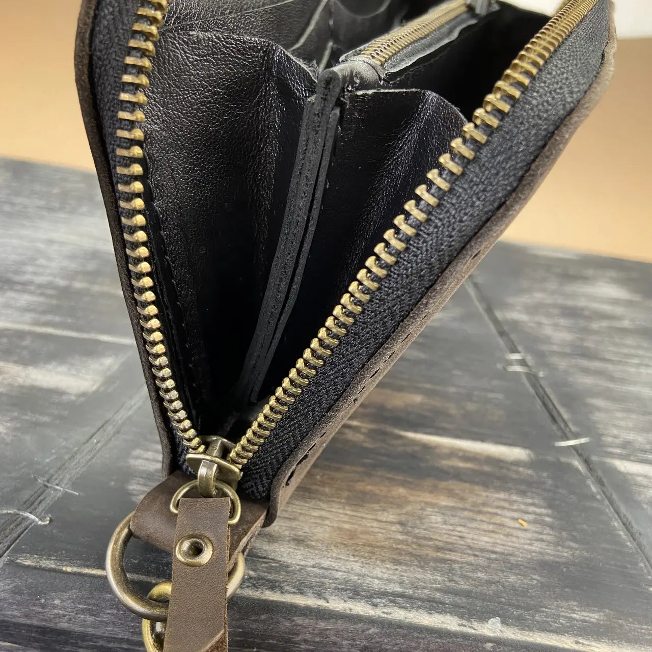 Full-Zip Leather Clutch Wallet with Wrist Strap - Crazy Horse Leather