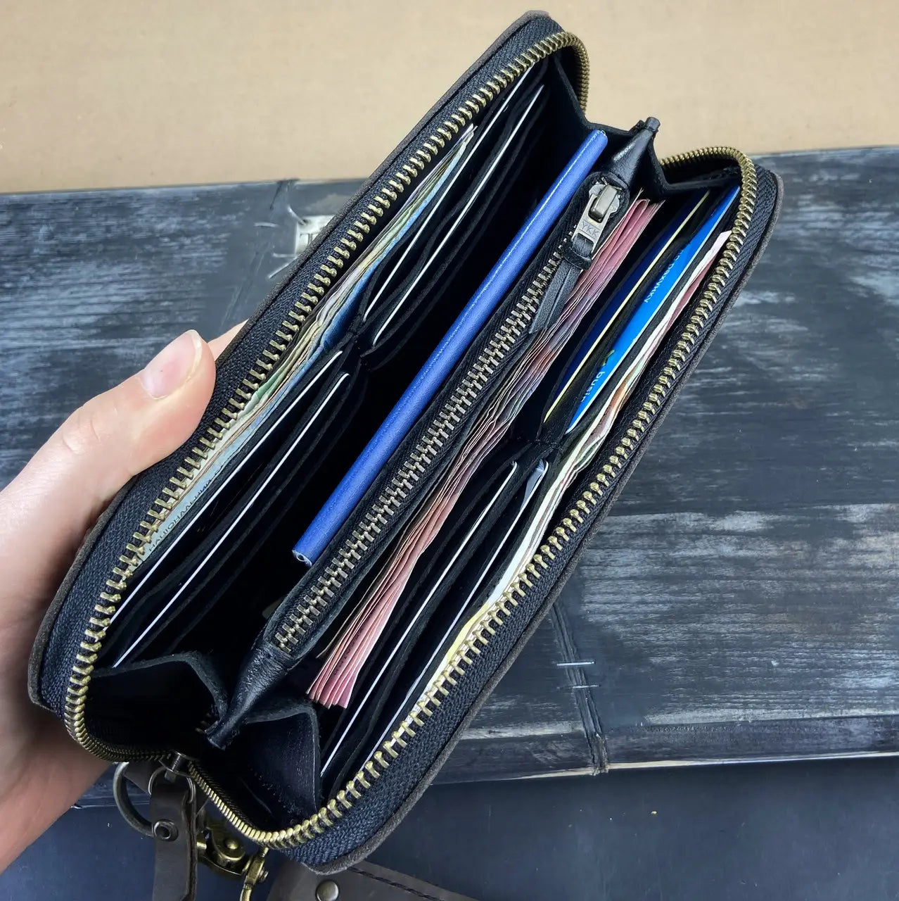 Full-Zip Leather Clutch Wallet with Wrist Strap - Crazy Horse Leather