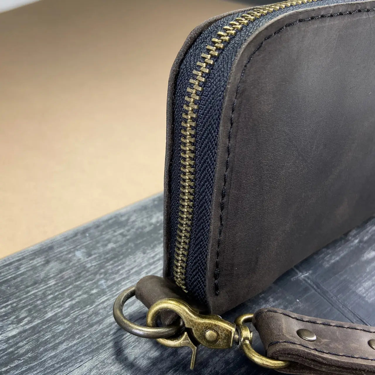 Full-Zip Leather Clutch Wallet with Wrist Strap - Crazy Horse Leather