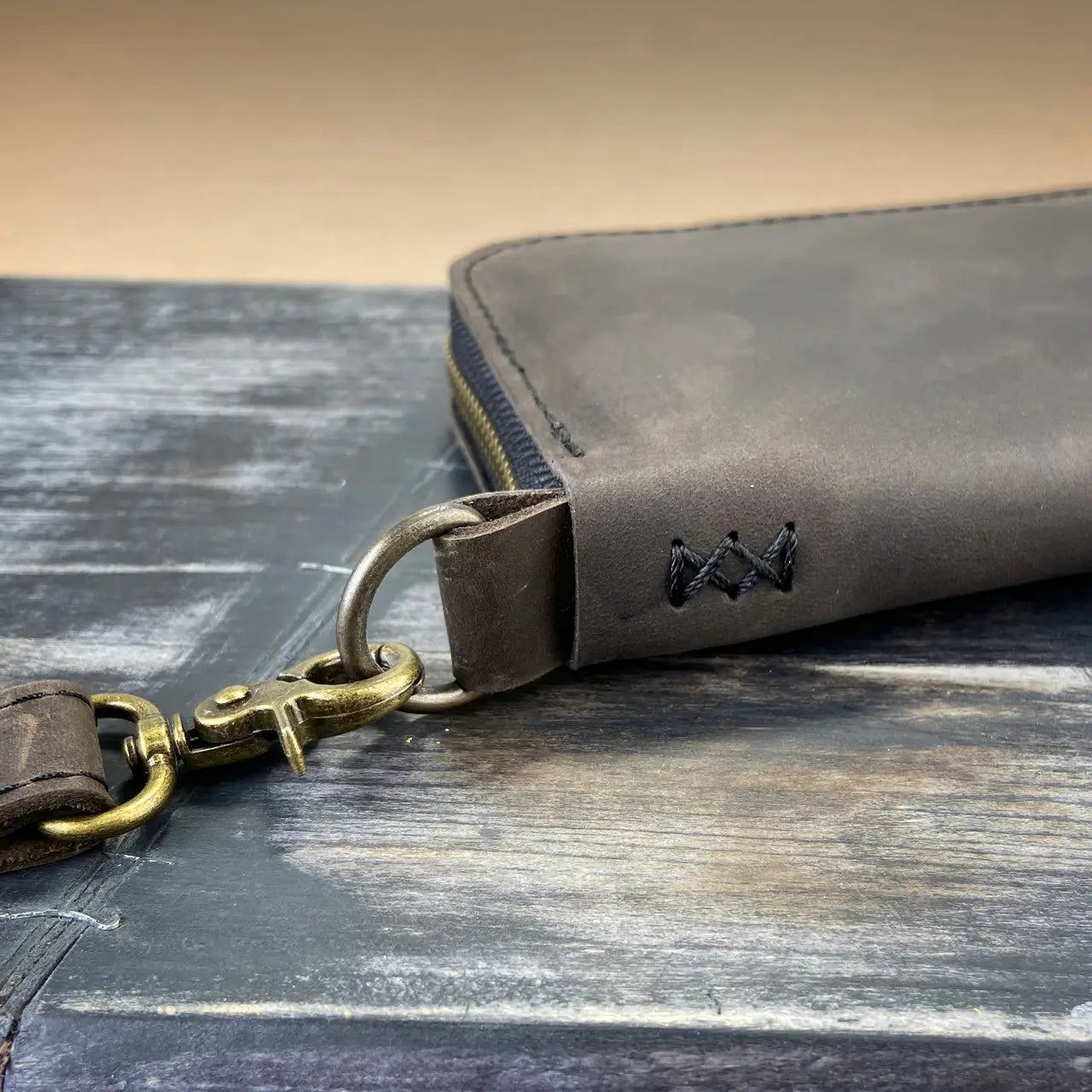 Full-Zip Leather Clutch Wallet with Wrist Strap - Crazy Horse Leather