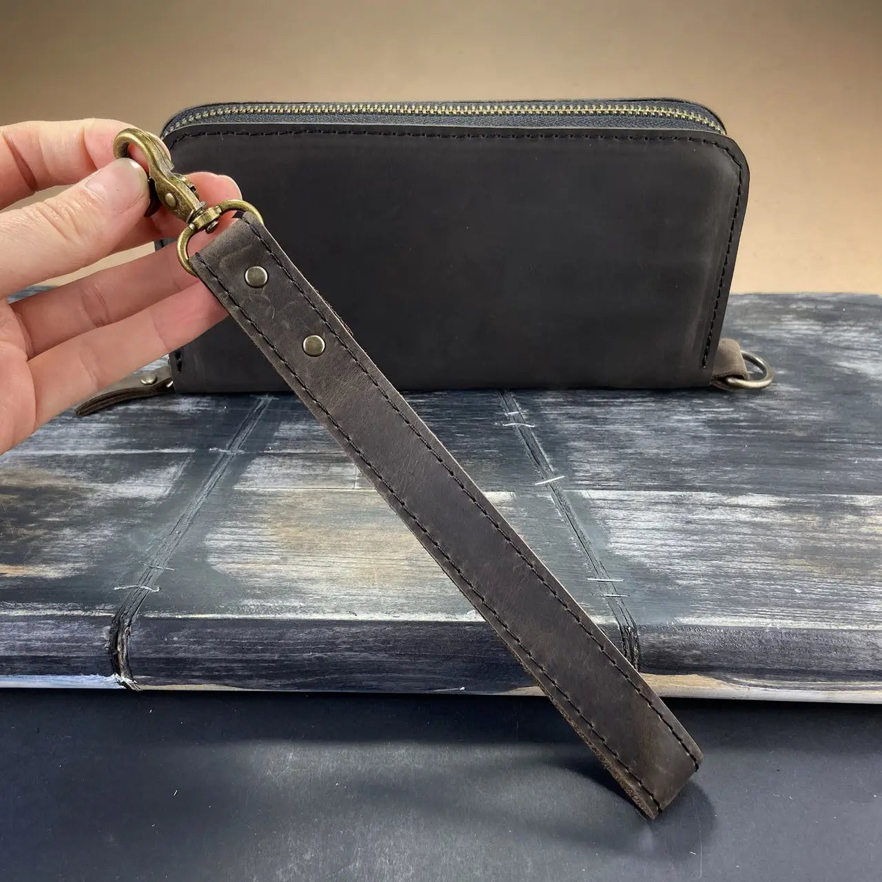Full-Zip Leather Clutch Wallet with Wrist Strap - Crazy Horse Leather