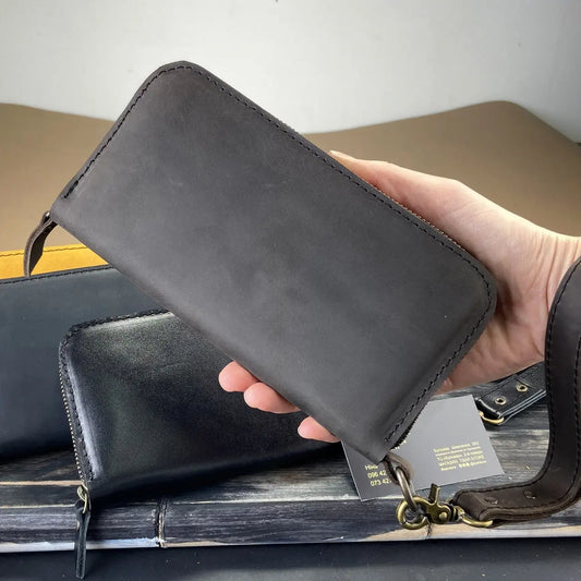 Full-Zip Leather Clutch Wallet with Wrist Strap - Crazy Horse Leather
