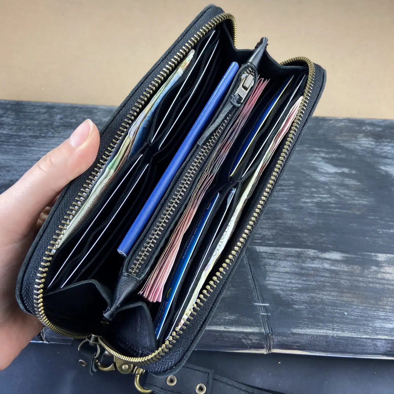 Full-Zip Leather Clutch Wallet with Wrist Strap - Crazy Horse Leather