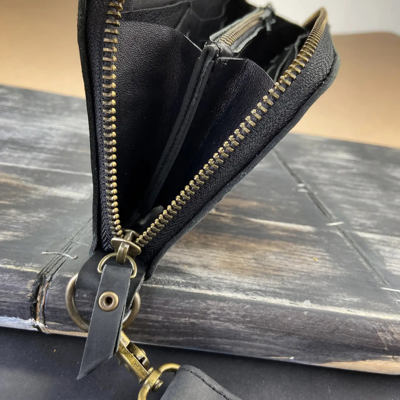 Full-Zip Leather Clutch Wallet with Wrist Strap - Crazy Horse Leather