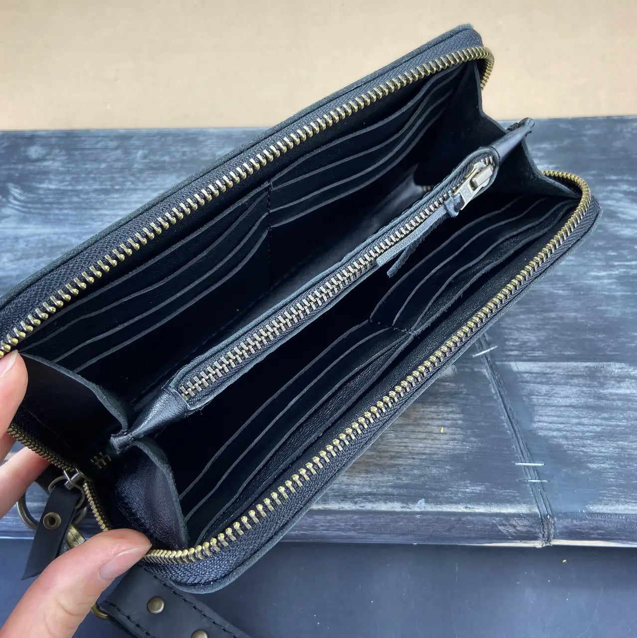 Full-Zip Leather Clutch Wallet with Wrist Strap - Crazy Horse Leather