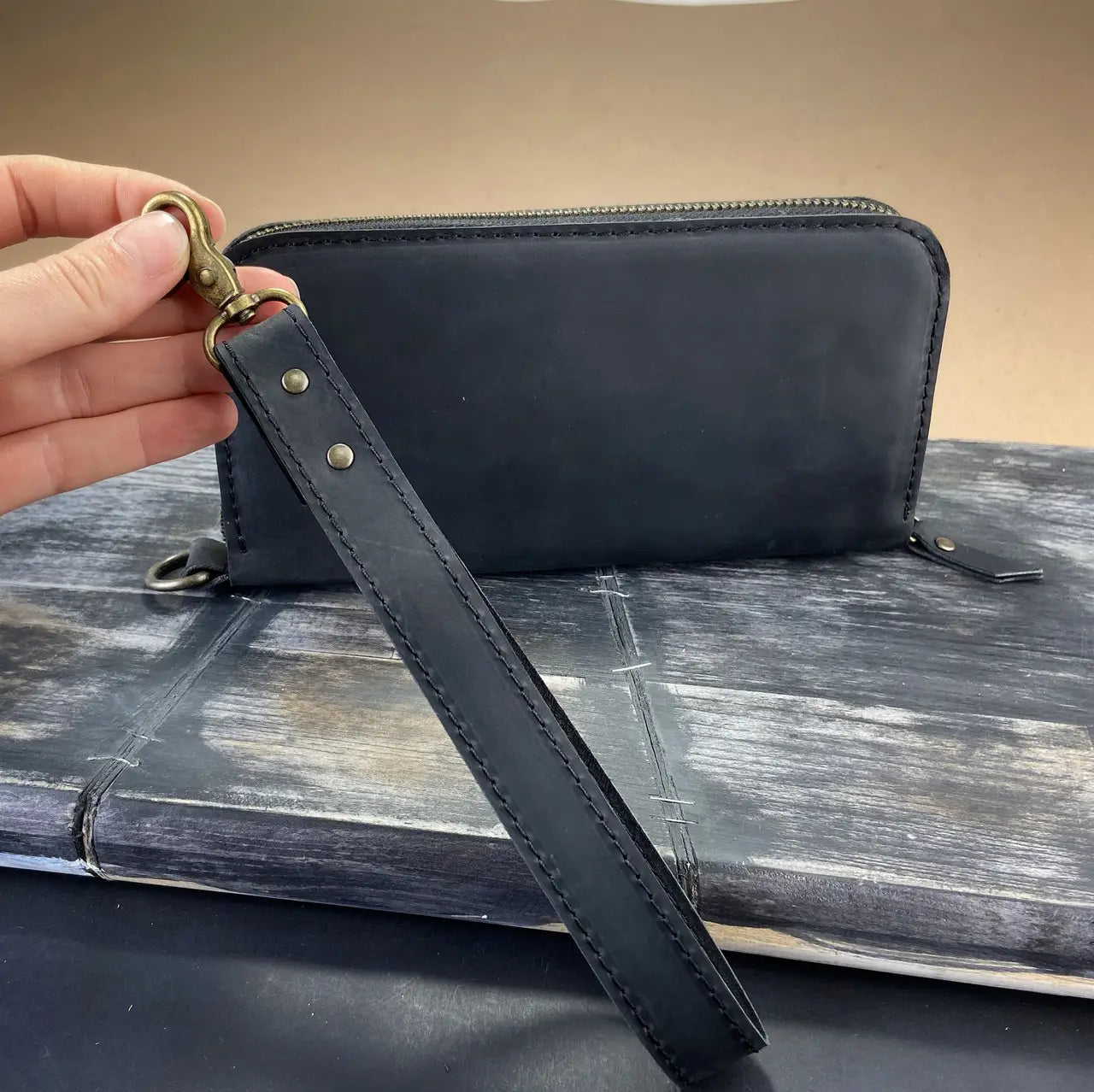 Full-Zip Leather Clutch Wallet with Wrist Strap - Crazy Horse Leather