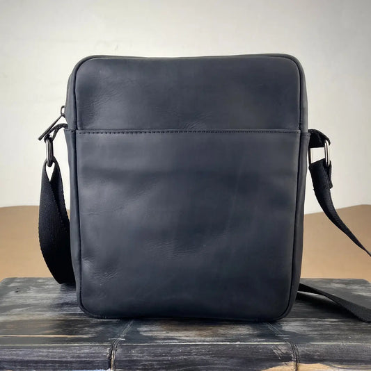 Black Crazy Horse Leather Minimalist Vertical Crossbody Bag