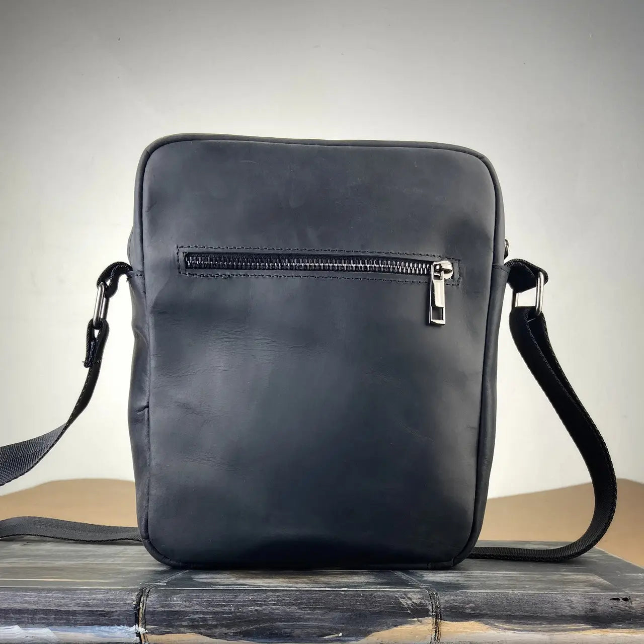 Black Crazy Horse Leather Minimalist Vertical Crossbody Bag