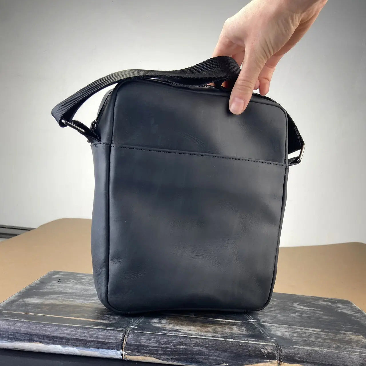 Black Crazy Horse Leather Minimalist Vertical Crossbody Bag