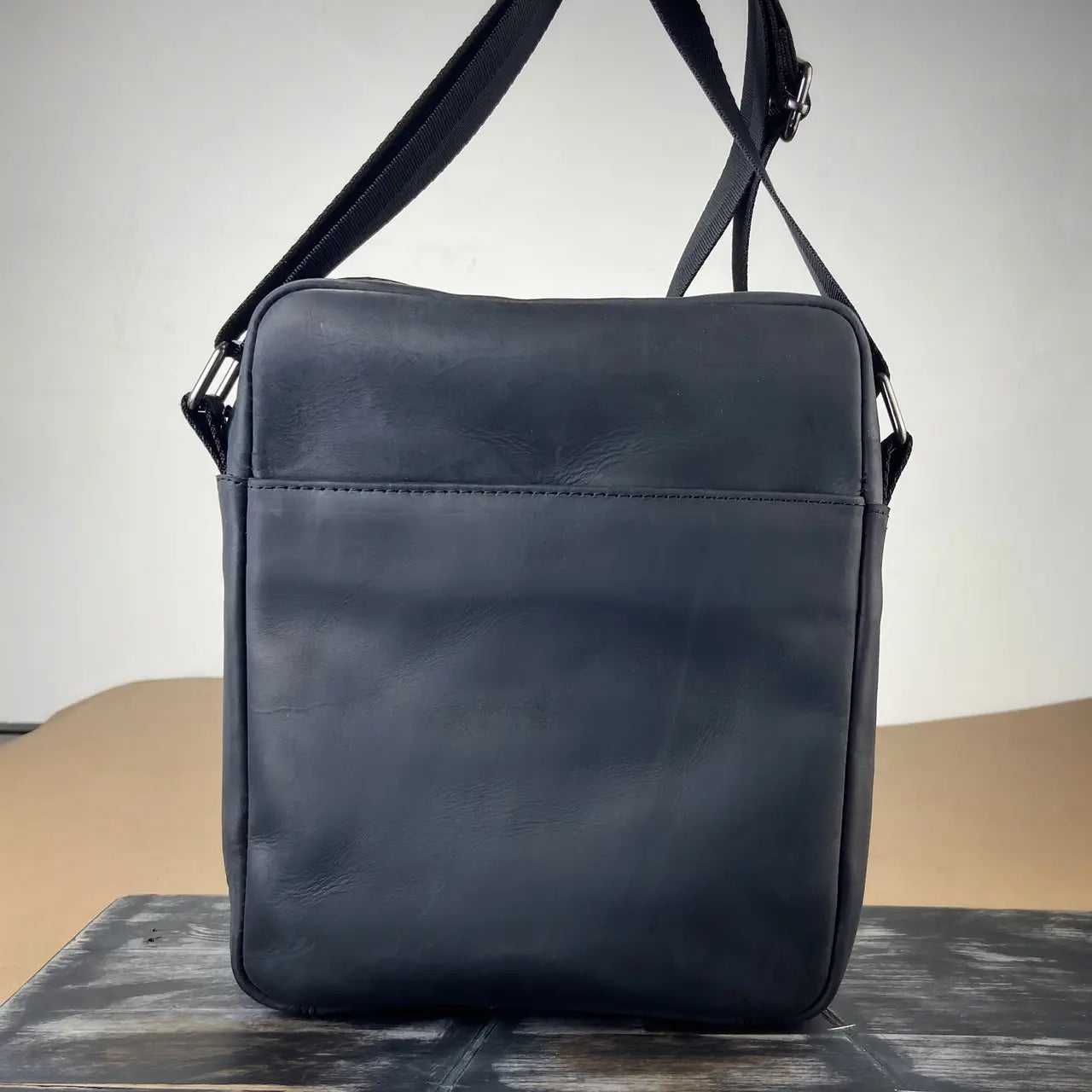 Black Crazy Horse Leather Minimalist Vertical Crossbody Bag