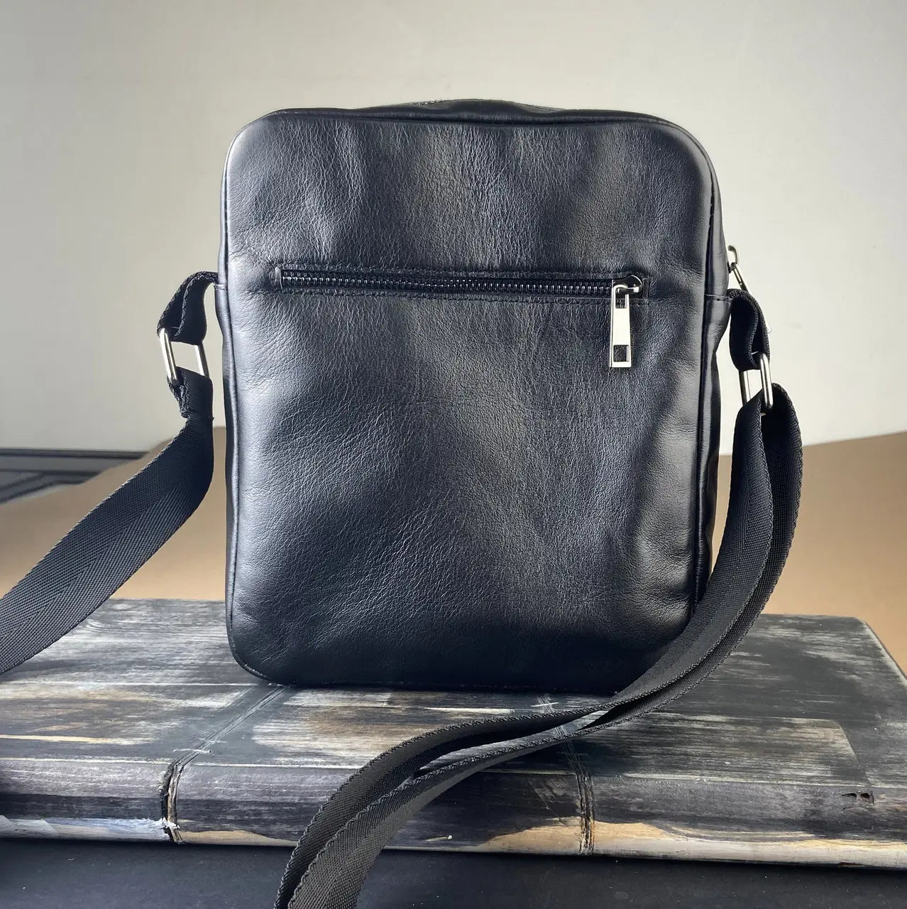 Black Smooth Nappa Leather Minimalist Vertical Crossbody Bag