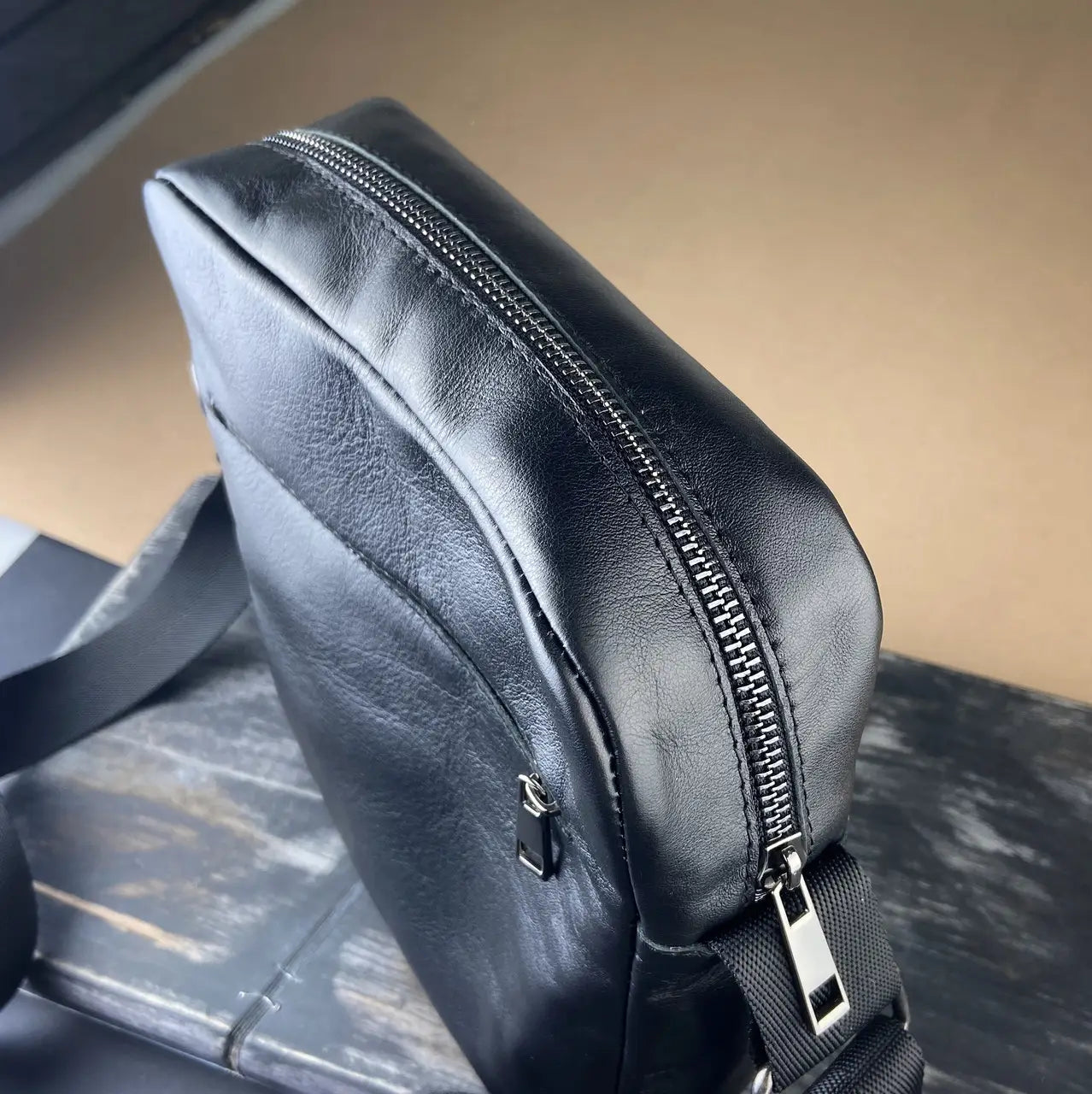 Black Smooth Nappa Leather Minimalist Vertical Crossbody Bag