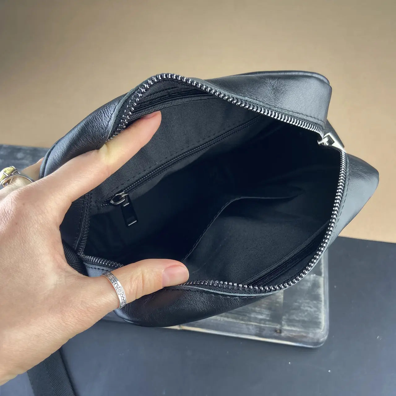 Black Smooth Nappa Leather Minimalist Vertical Crossbody Bag
