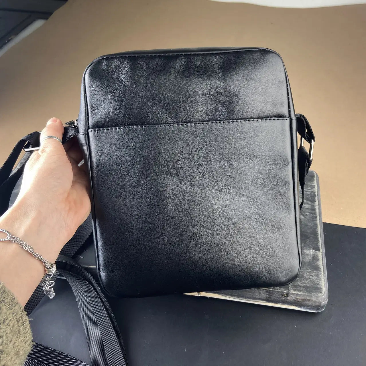 Black Smooth Nappa Leather Minimalist Vertical Crossbody Bag