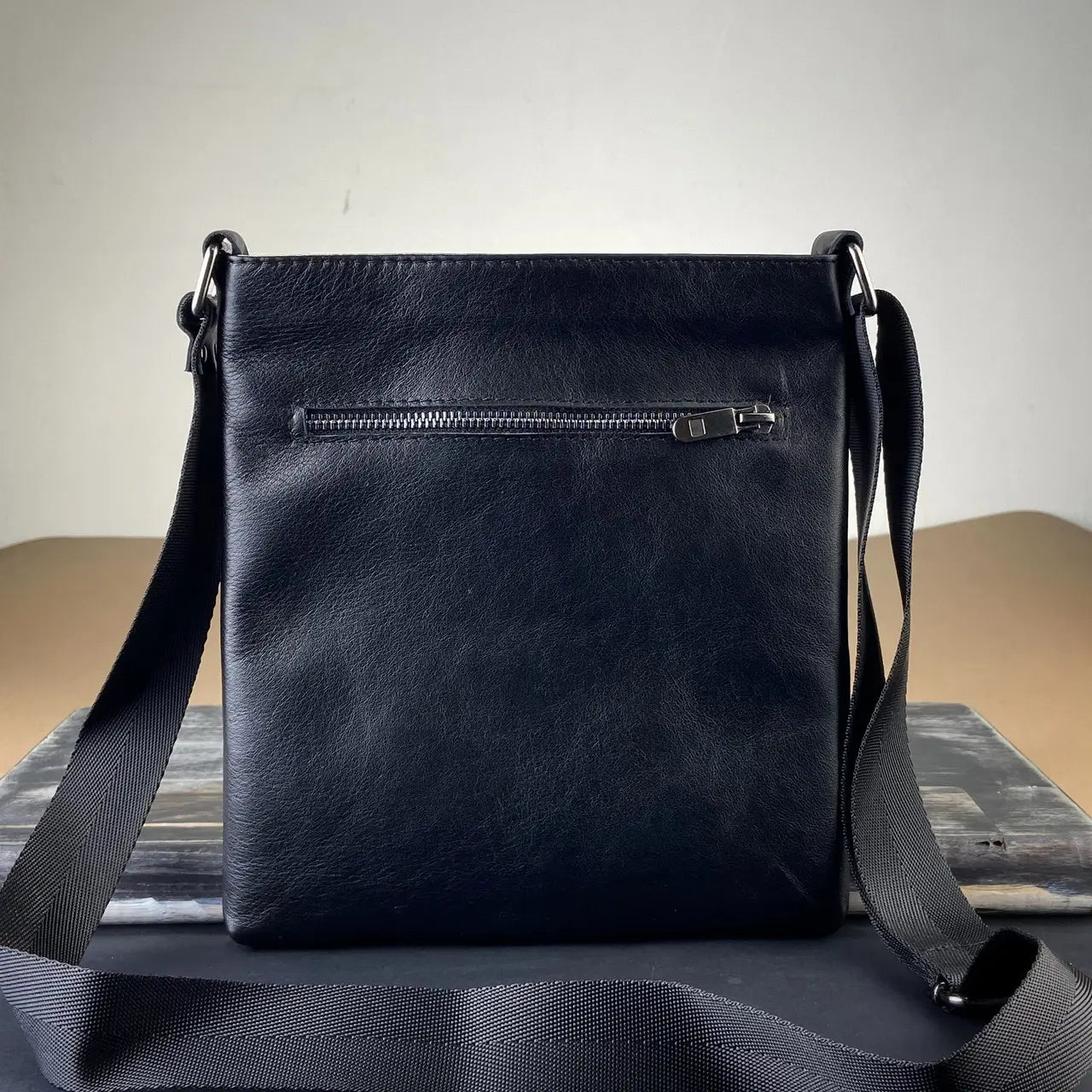 Black Smooth Leather Minimalist Vertical Crossbody Bag