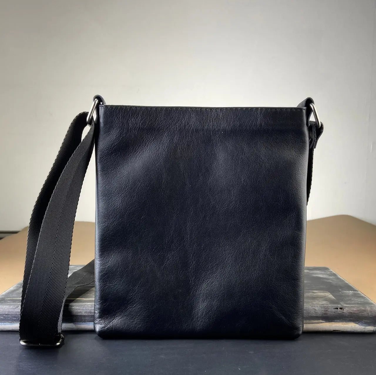Black Smooth Leather Minimalist Vertical Crossbody Bag