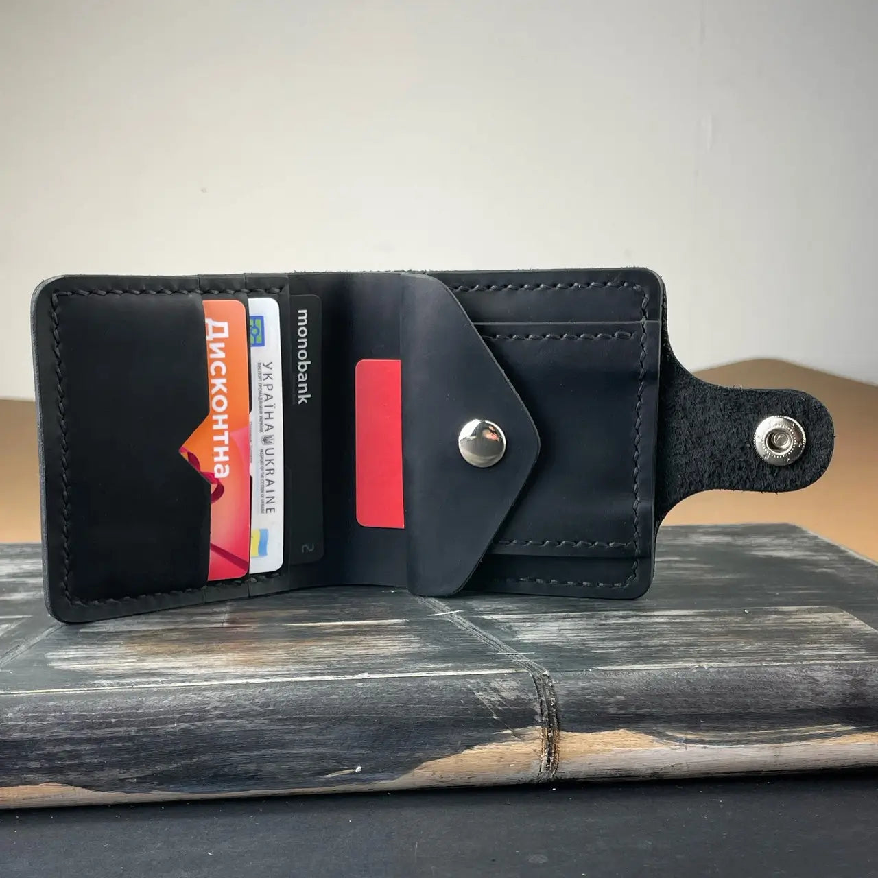 Handmade Black Leather Bifold Wallet "Cube" with Coin Pocket & Snap - Tsar Art (Copy)